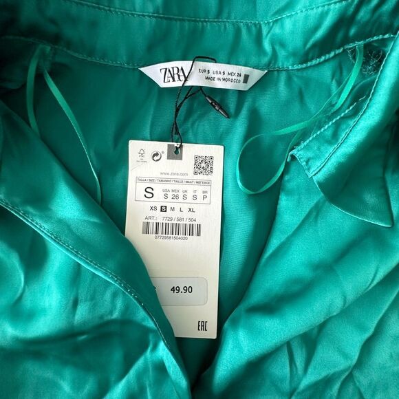 Zara Belted Satin Effect Shirt Dress Green S NWT - Picture 11 of 12